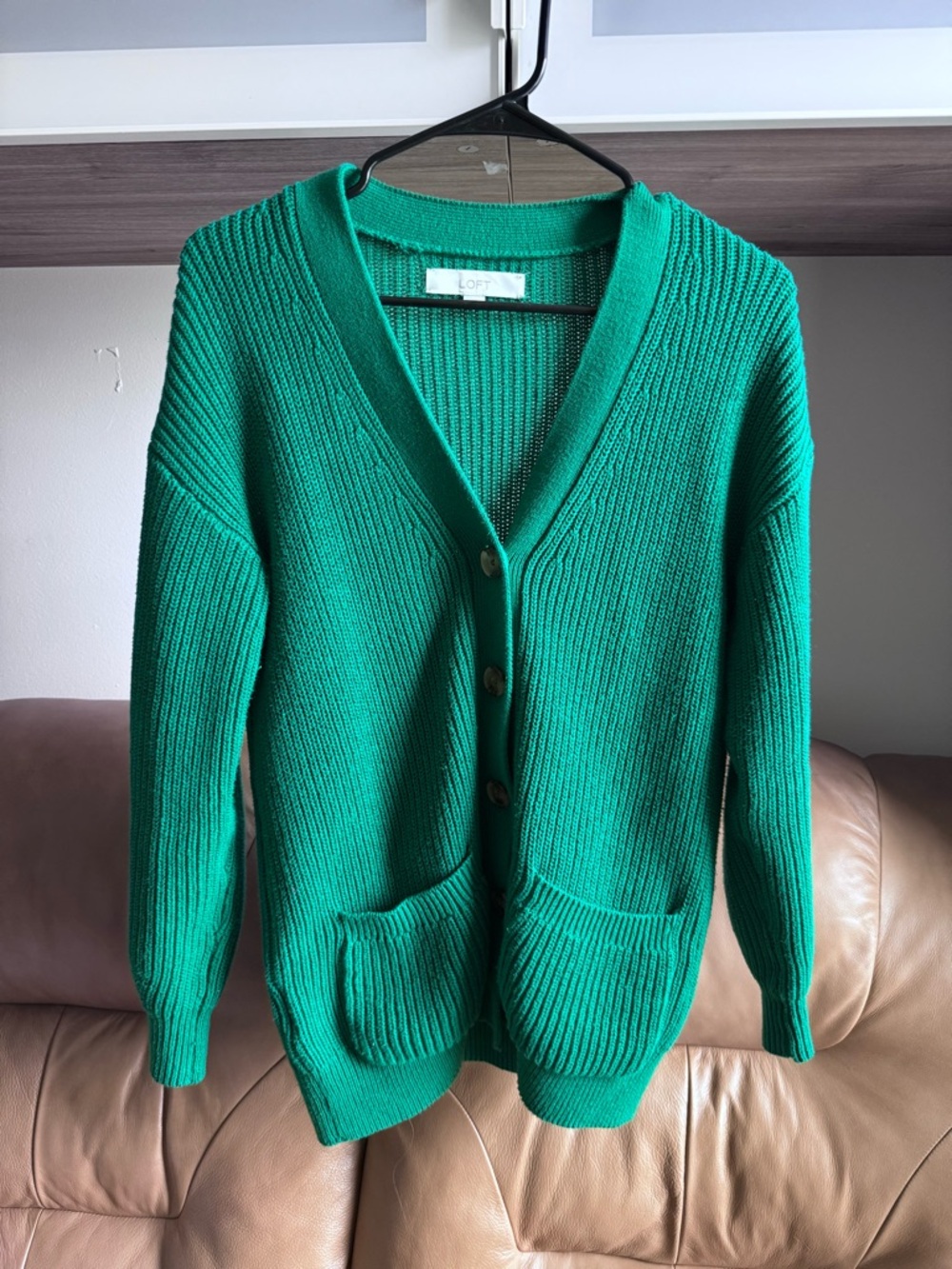 LOFT Emerald Green Ribbed V-Neck Button Front Cardigan